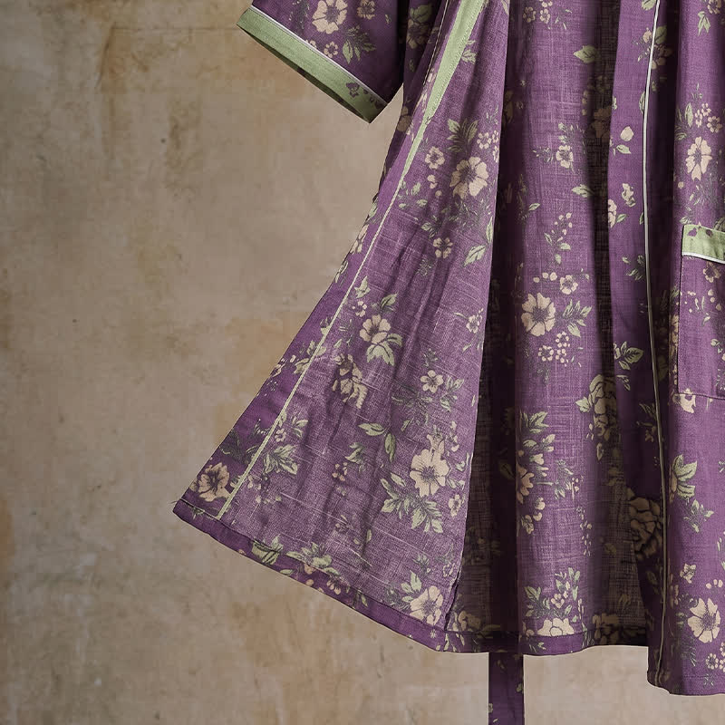 Cotton Vintage Purple Floral Kimono Robe - image 5