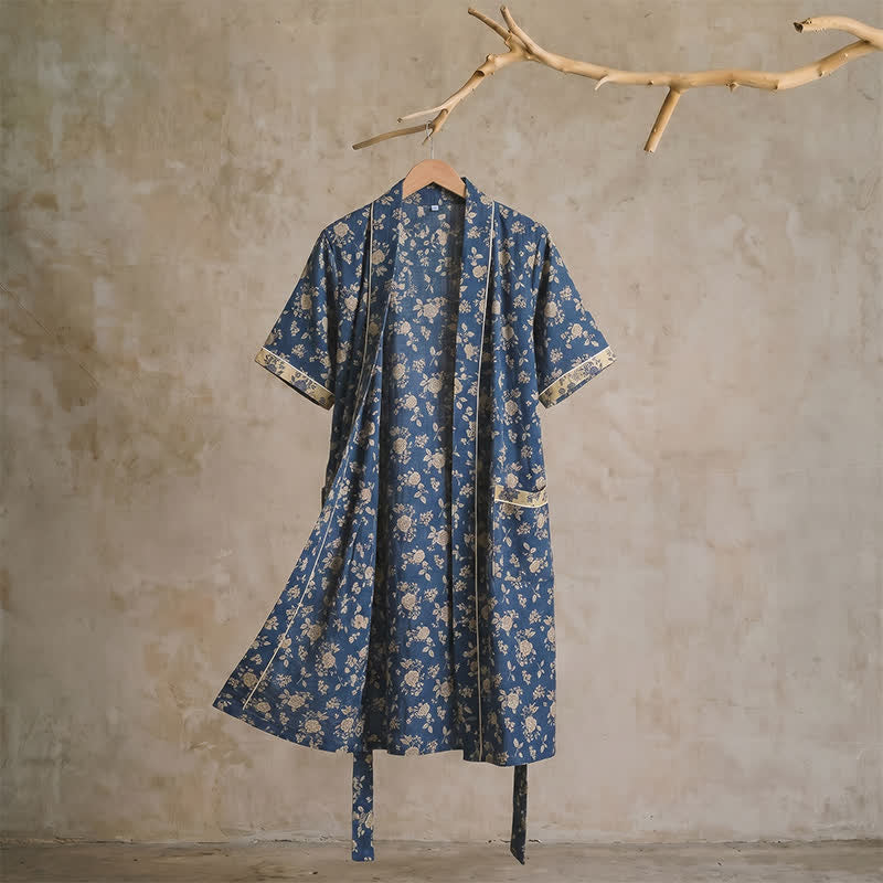 Indigo Blue Vintage Floral Kimono Robe - XL - image 0