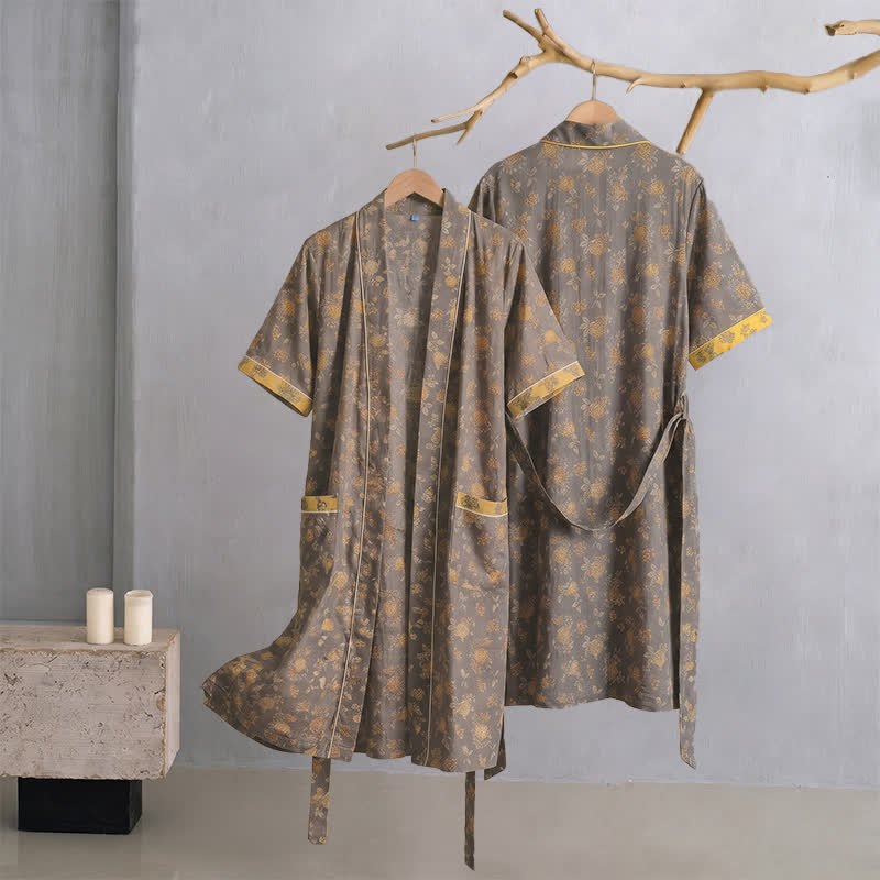 Taupe Yellow Vintage Floral Kimono Robe - XL - image 0