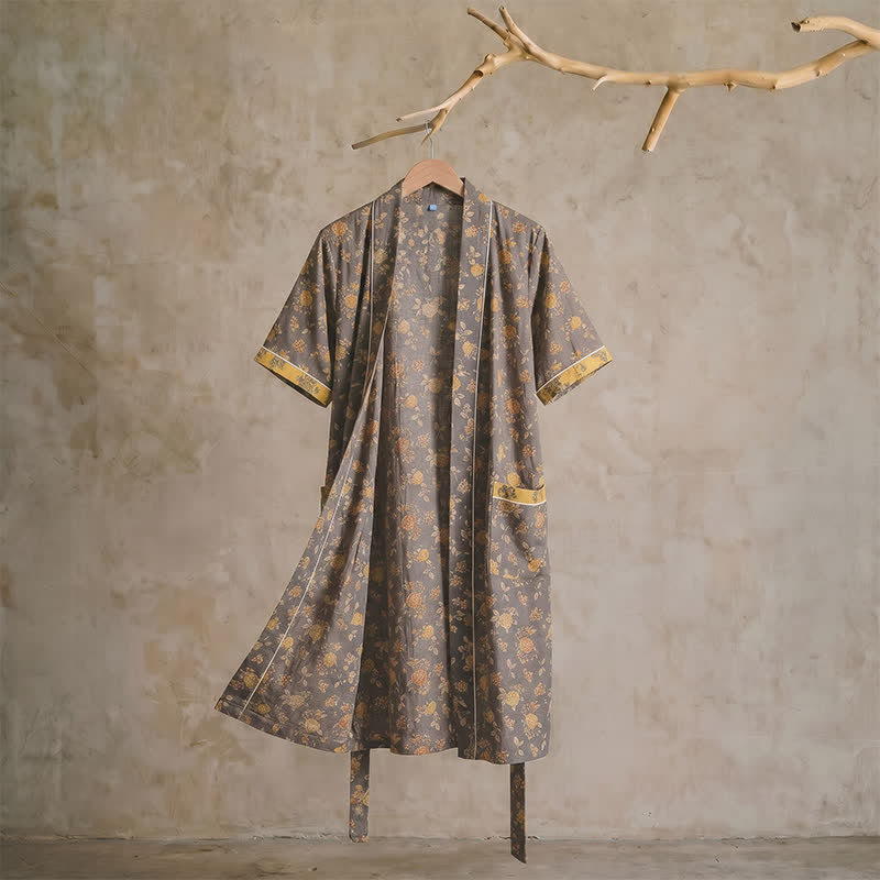 Taupe Yellow Vintage Floral Kimono Robe - image 1