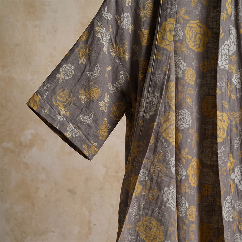 Taupe Yellow Vintage Floral Kimono Robe - image 4