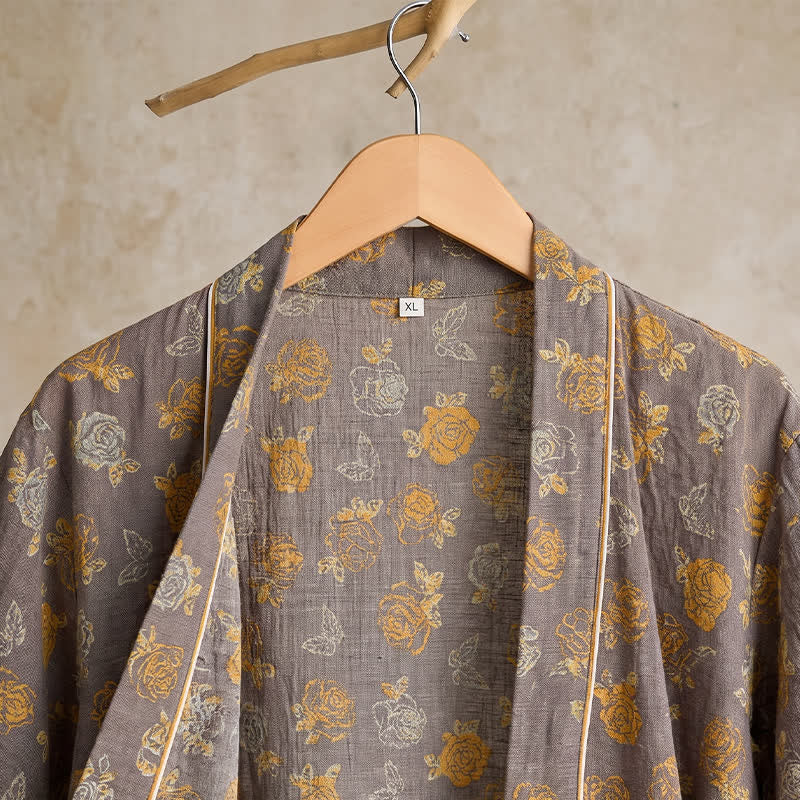 Taupe Yellow Vintage Floral Kimono Robe - image 3