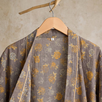 Taupe Yellow Vintage Floral Kimono Robe - image 3