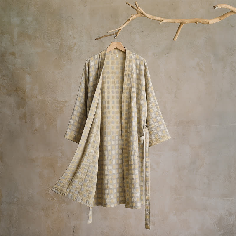 Soft Yellow Grey Cotton Plaid Kimono Robe - L - image 0