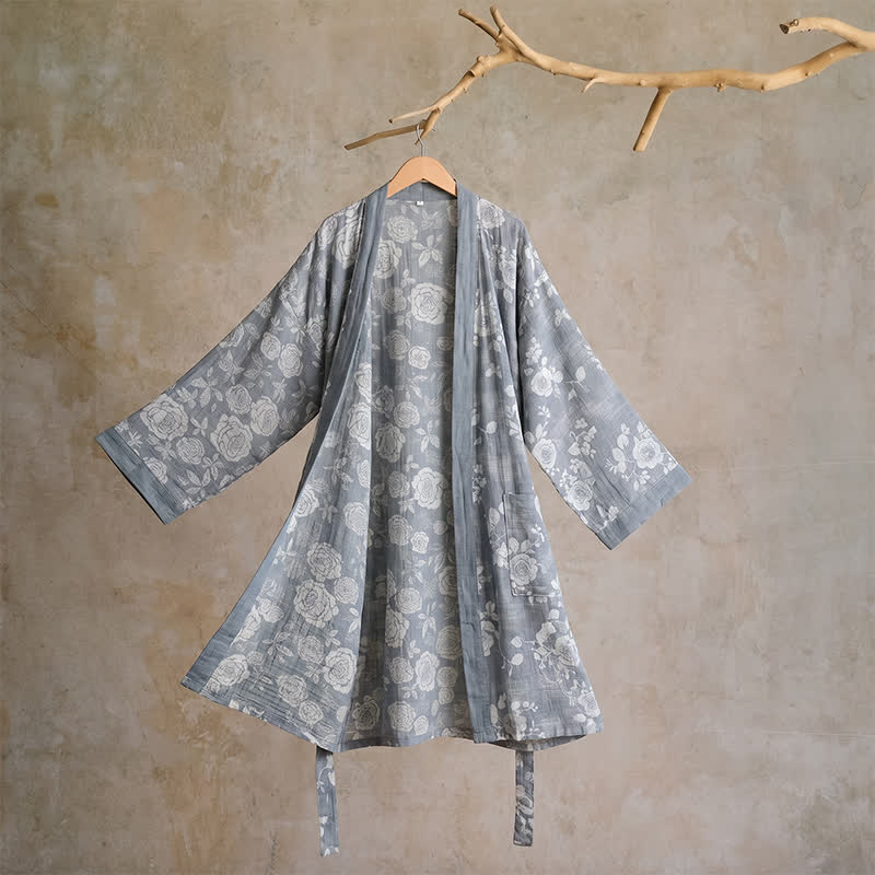 Cotton Dusty Blue Rose Print Kimono Robe - L - image 0