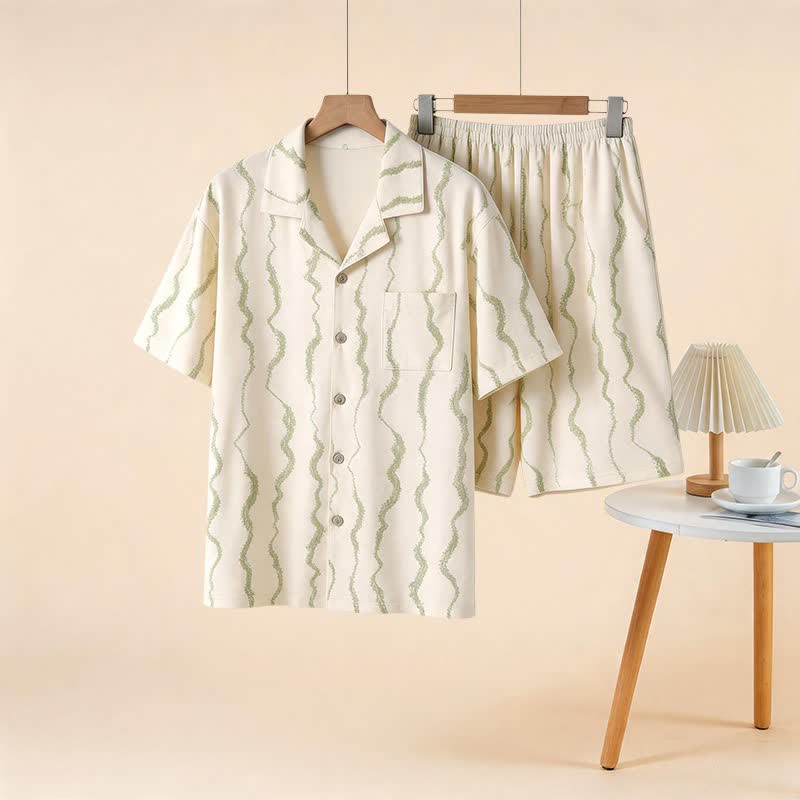 Unisex Wavy Stripe Modal Pajama Set - Beige - 3XL - image 0