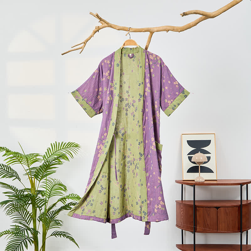 Kimono Style Short Sleeve Muslin Bathrobe - Purple - 2XL - image 0