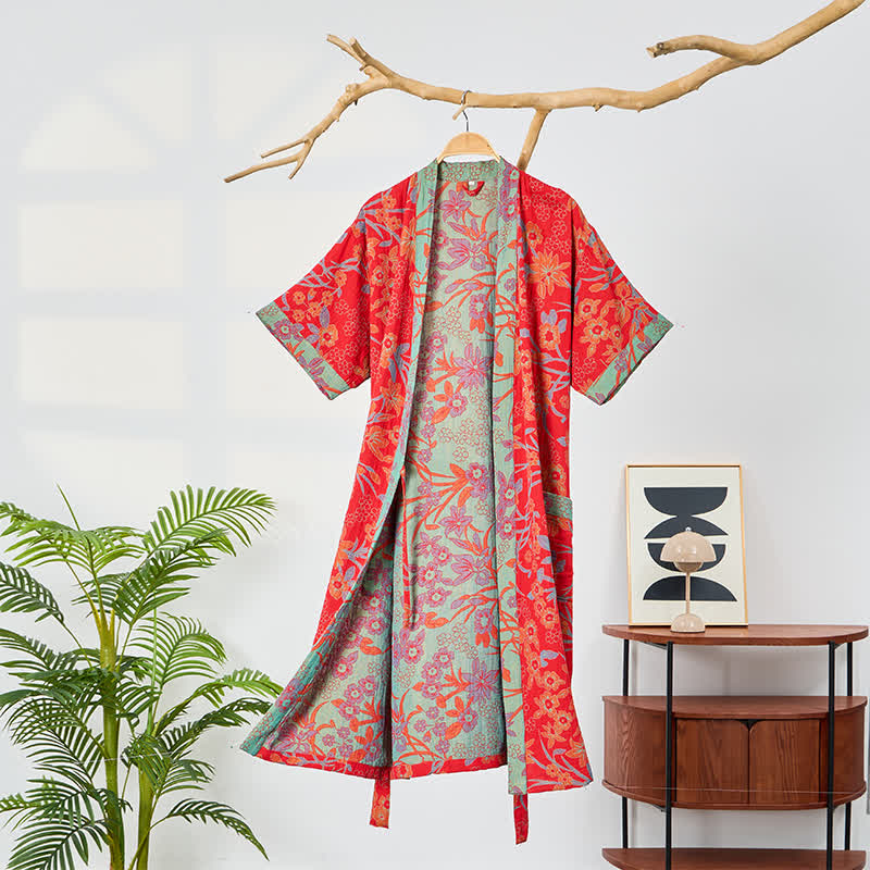 Bohemian Floral Muslin Gauze Kimono Robe - Red - 2XL - image 0