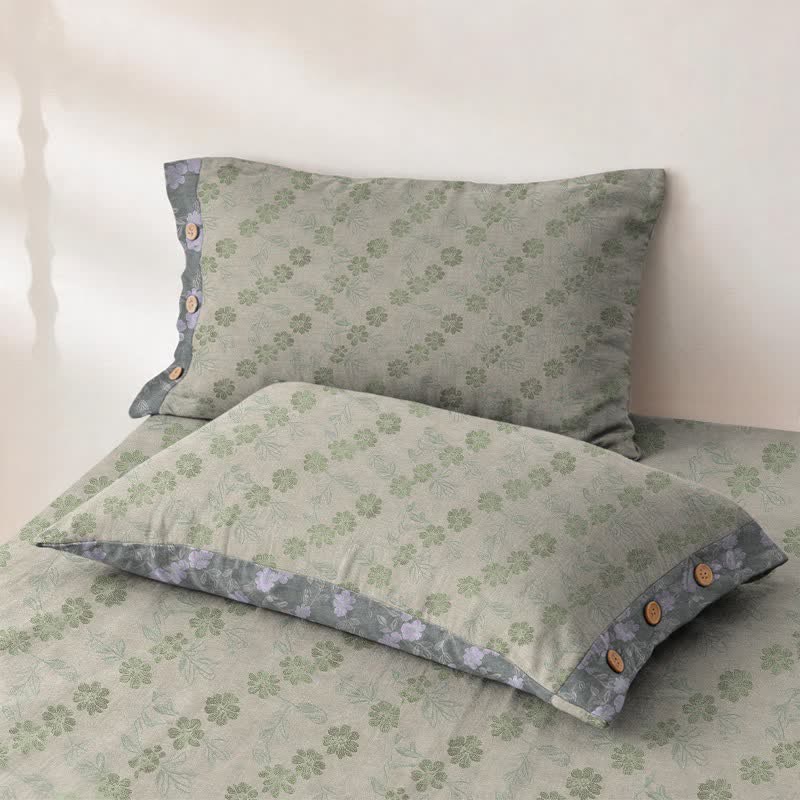 Elegant Floral Cotton Double Gauze Bedspread - 2PCS Pillowcases - 19" × 29" - Gray&Green - image 25