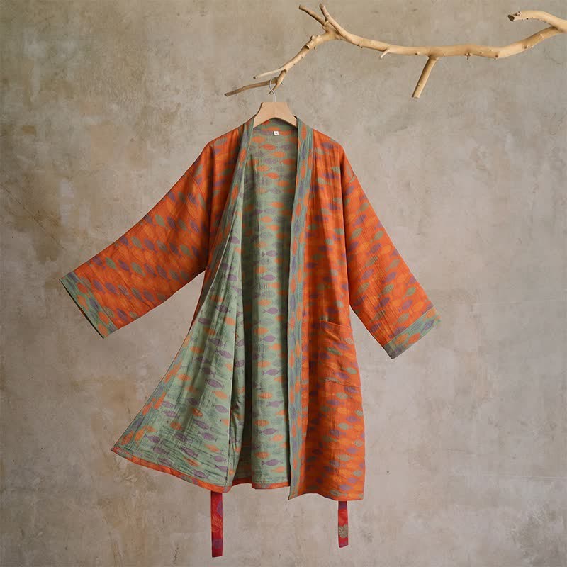 Fish Cotton Gauze Kimono Bathrobe - Orange - L - image 0