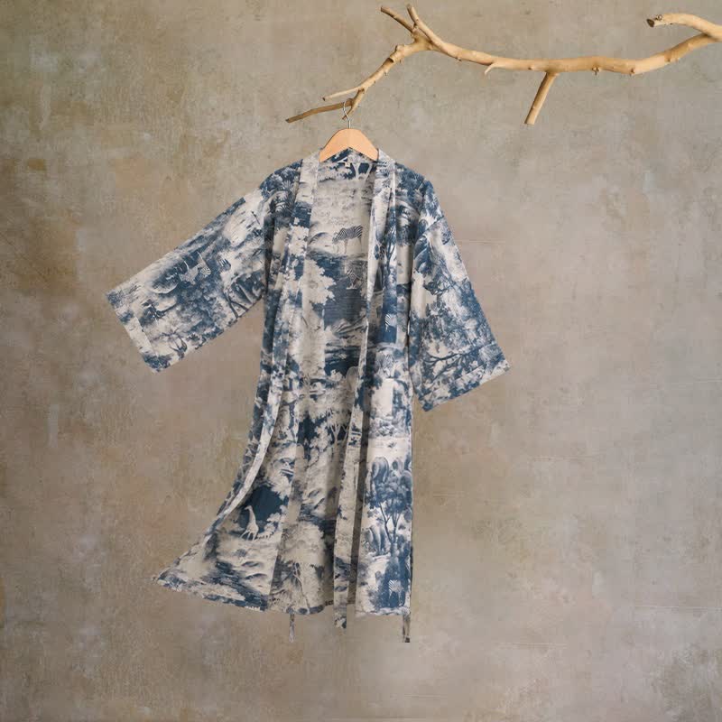 Toile Print Cotton Kimono Robe - Blue - 2XL - image 0