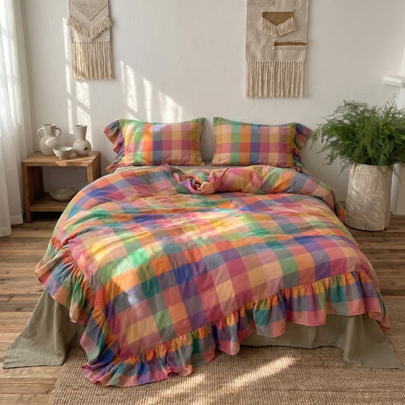 Colorful Plaid Ruffled Cotton Bedding Set (4PCS) - King - image 0
