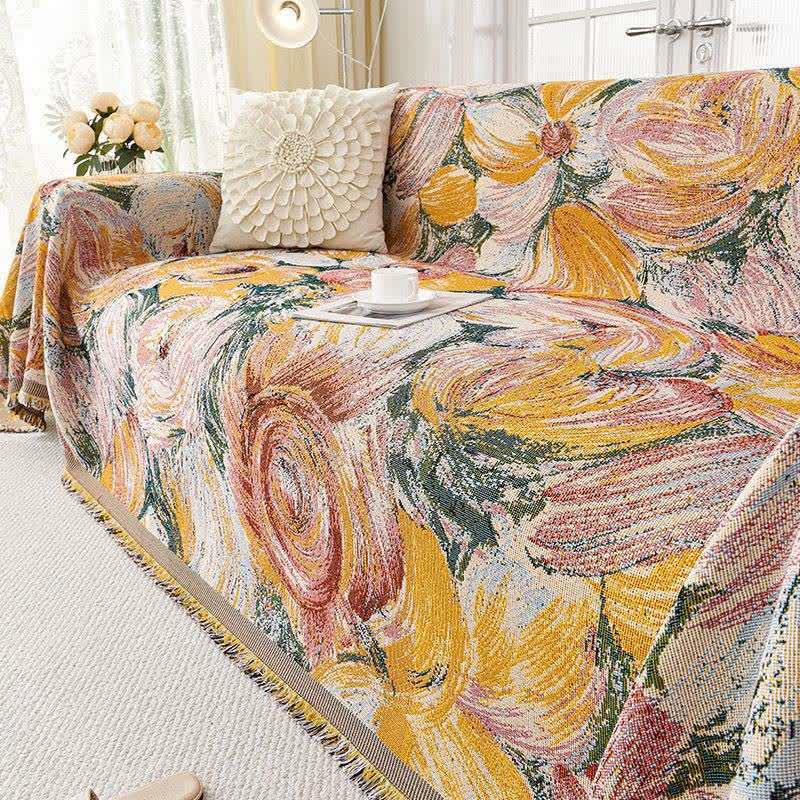 Abstract Floral Tassel Trim Sofa Protector - Yellow - 71" × 165" - image 0