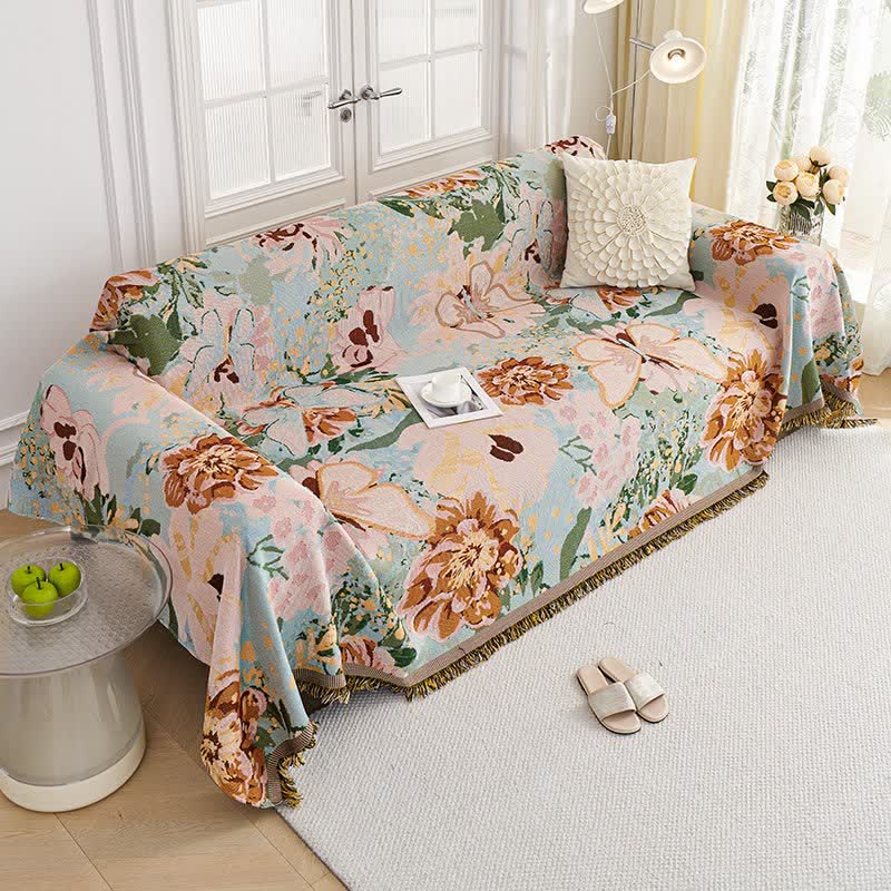 Oil Painting Floral Tassel Sofa Protector - image 3