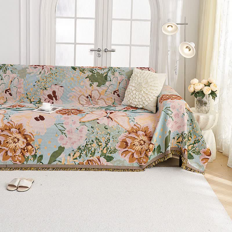 Oil Painting Floral Tassel Sofa Protector - image 1