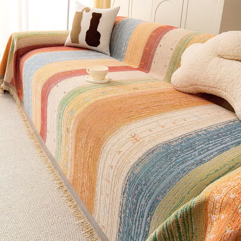 Colorful Stripe Tassel Sofa Protector - Orange - 71" × 189" - image 0