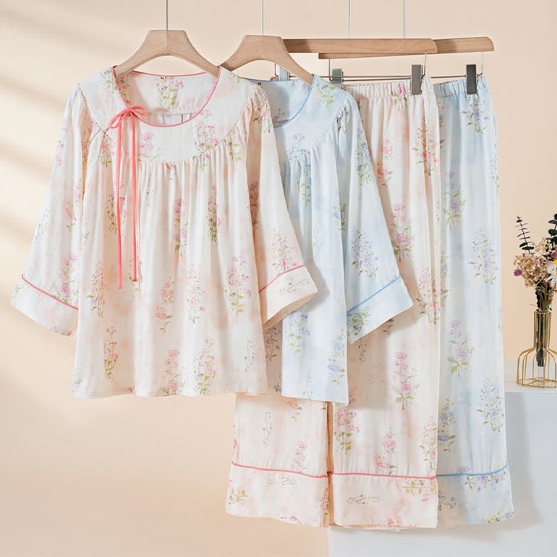 Floral Bamboo Cotton Tie Neck Pajamas - image 0