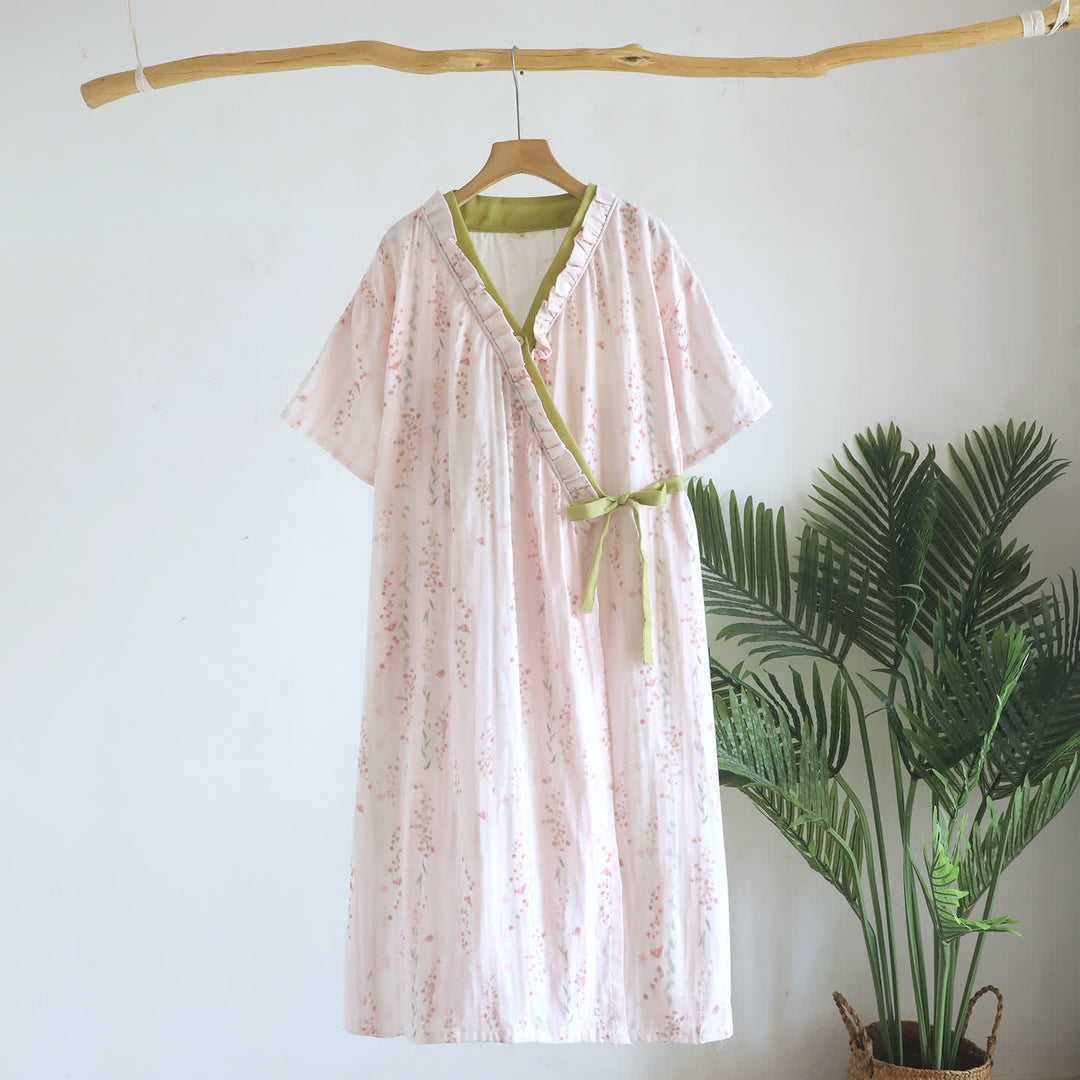 Floral Cotton Gauze Kimono Nightdress Loungewear - Beige - L - image 0