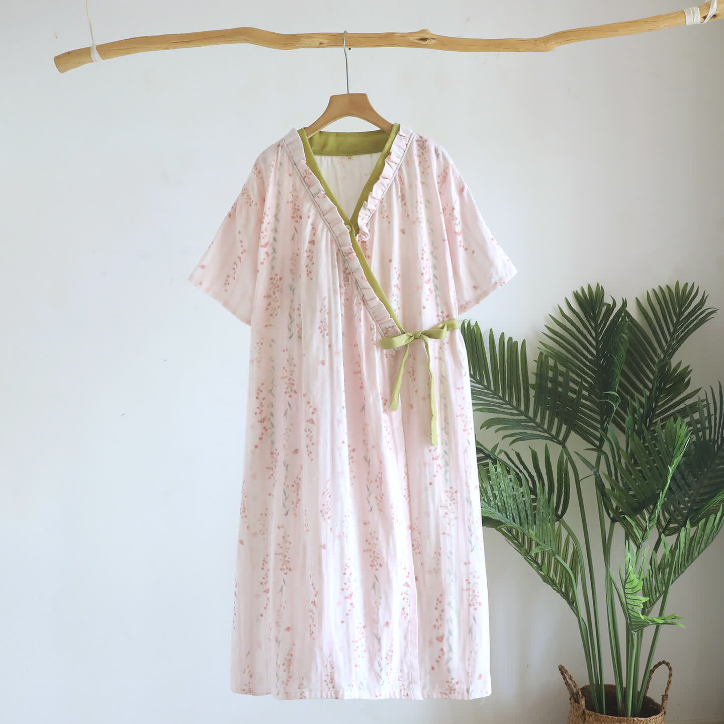 Floral Cotton Gauze Kimono Nightdress Loungewear - Beige - L - image 0