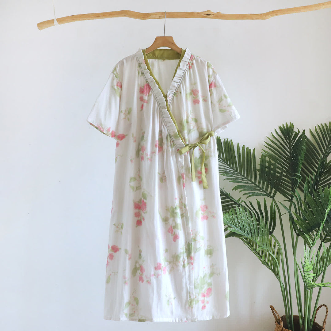 Botanical Garden Cotton Gauze Kimono Nightdress - Beige - L - image 0