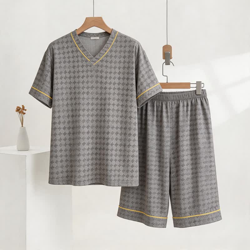 Grey Geometric V-Neck Loungewear Set - Gray - 3XL - image 0
