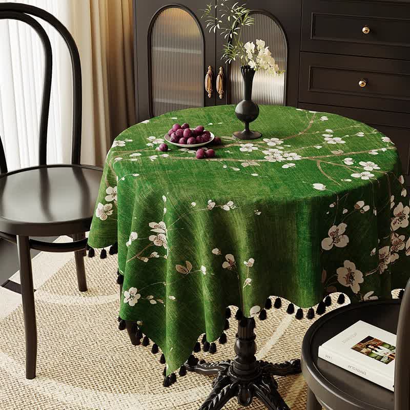 Vintage White Plum Blossom Tassel Tablecloth - 55" x 87" - image 0
