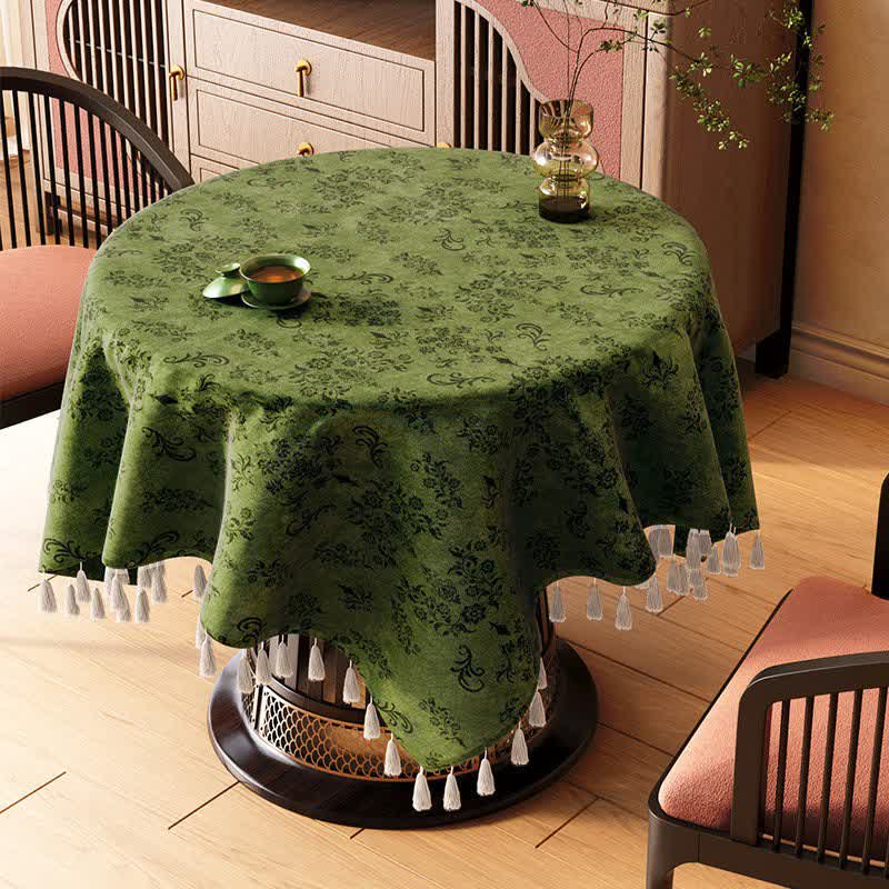 Vintage Branch leaf Tassel Tablecloth - Green - 67" x 67" - image 0