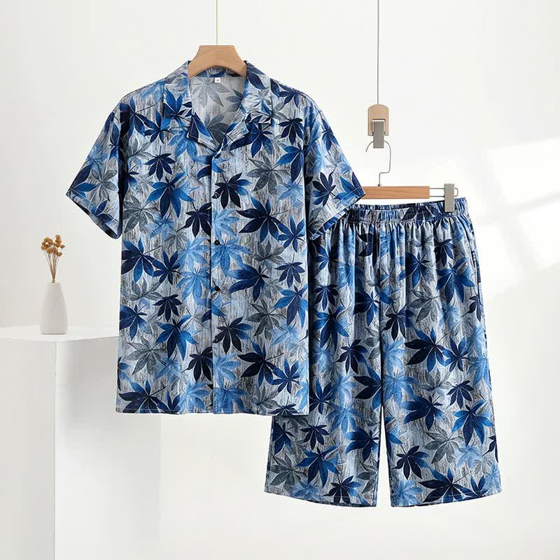 Unisex Blue Leaf Print Pajama Set - Blue - 5XL - image 0