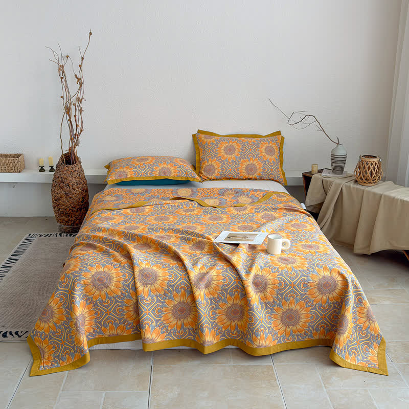 Ownkoti Boho Sunflower 3-Layer Muslin Cotton Quilt - Quilt with 2PCS Pillowcases - Queen - image 1