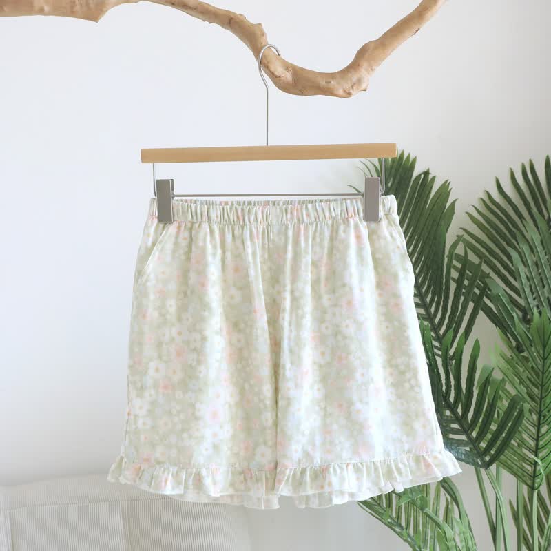 Green Floral Cotton Ruffle Pajama Shorts - image 0