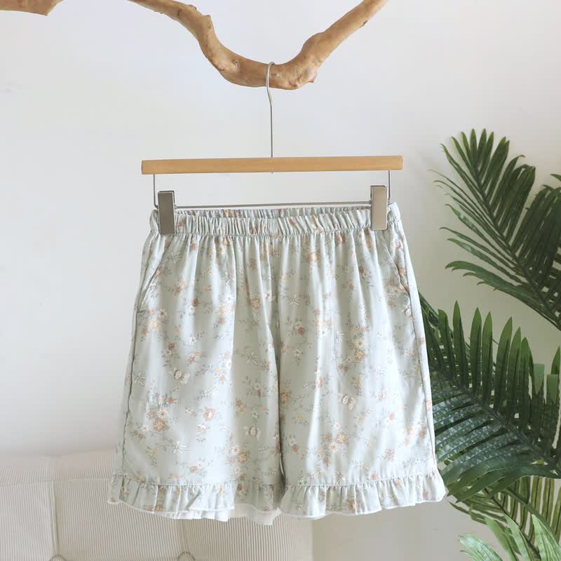 Floral Cotton Gauze Ruffle Pajama Shorts - Green - XL - image 0