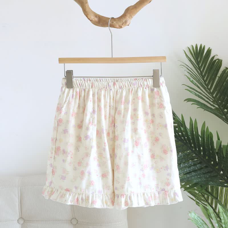 Floral Cotton Ruffle Pajama Shorts - Beige - XL - image 0