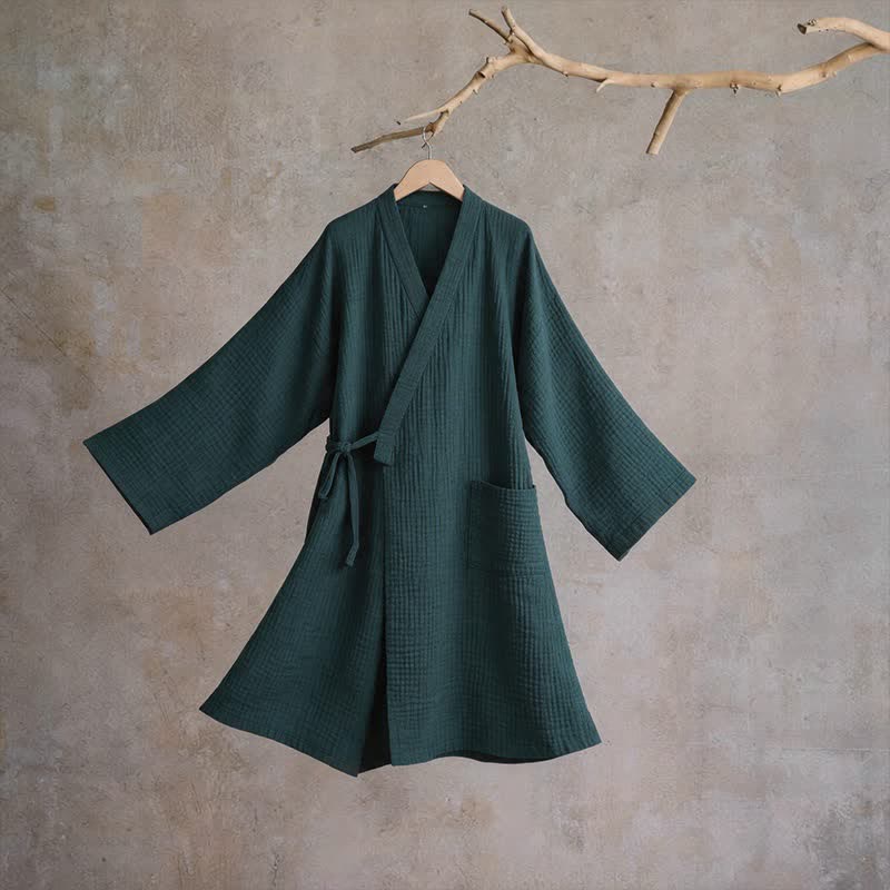 Solid Unisex Cotton Gauze Kimono Robe - Green - XL - image 0