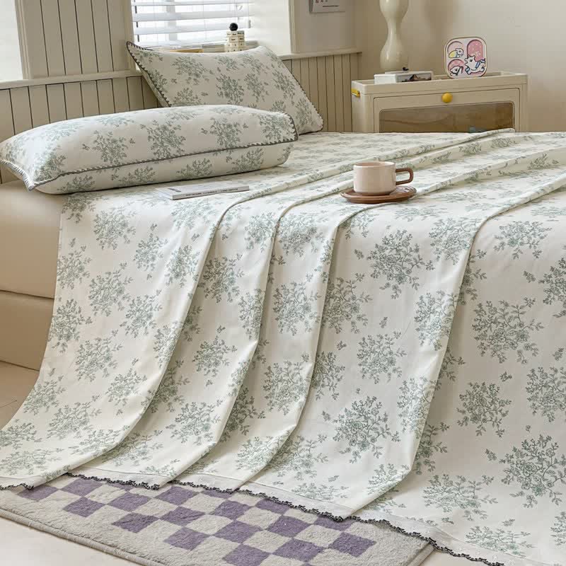Floral Leaf Cotton Bedspread with Lace Trim - Green - 2PCS Pillowcases - 19" x 29" - image 0