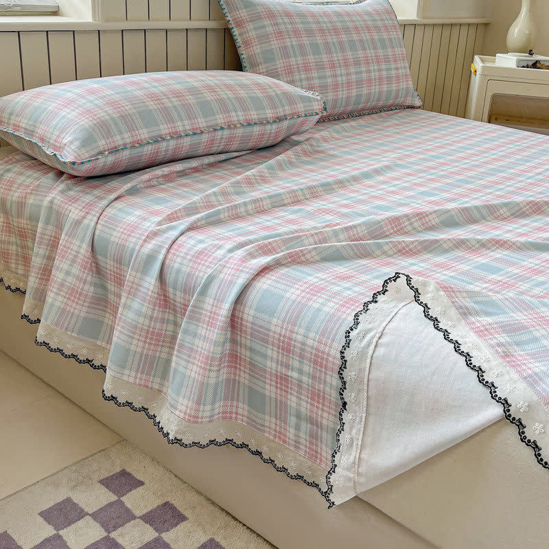 Pastel Plaid Cotton Bedspread with Lace Trim - image 2
