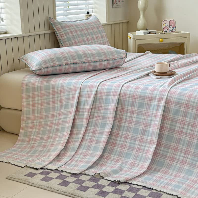 Pastel Plaid Cotton Bedspread with Lace Trim - Pink - 2PCS Pillowcases - 19" x 29" - image 0