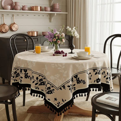 Black & Beige Floral Print Tassel Tablecloth - image 1