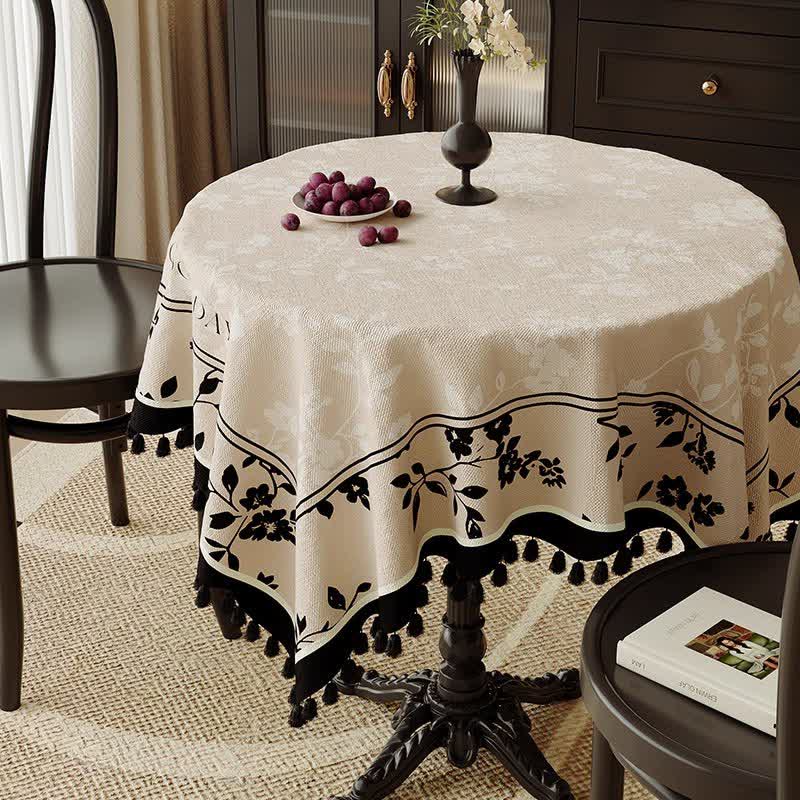 Black & Beige Floral Print Tassel Tablecloth - 55" x 87" - image 0