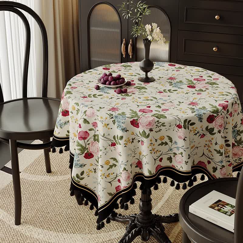 Multicolor Rose Print Tassel Trimmed Tablecloth - 55" x 87" - image 0
