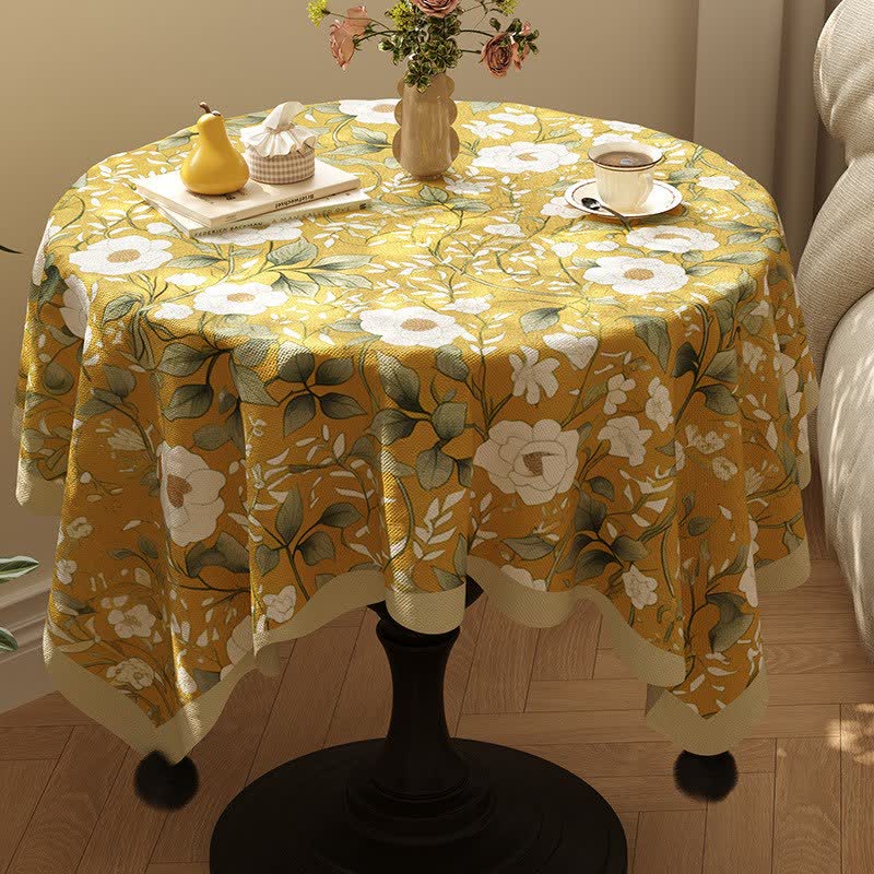 Camellia Floral Pom-Pom Trimmed Tablecloth - Golden - 55" x 87" - image 0