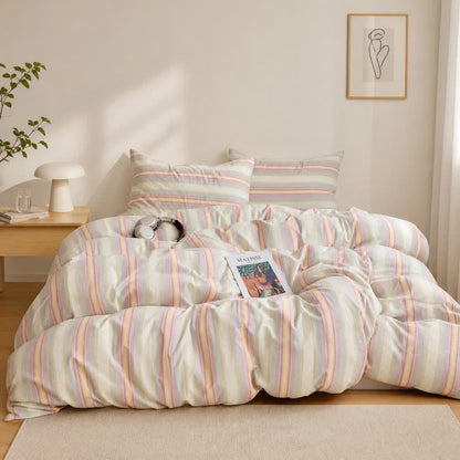 Soft Pastel Multicolor Stripe Cotton Bedding Set - Cream Pink - King - Bedding Set - image 0