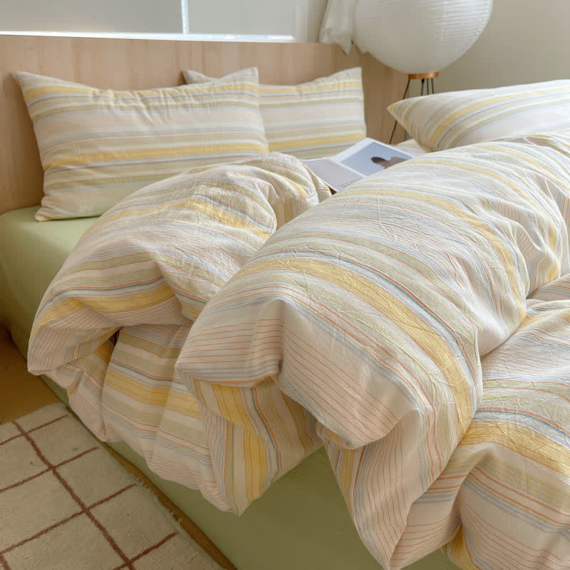 Nordic Multicolor Stripe Washed Cotton Bedding Set - Yellow - King - Bedding Set - image 2