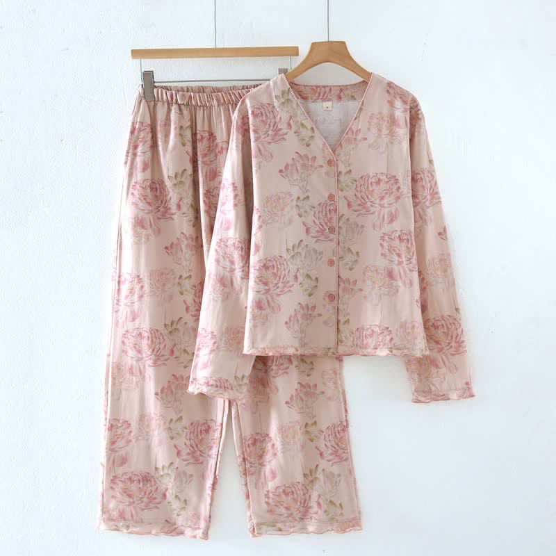Pink Peony Floral Cotton Gauze Pajamas - Pink - XL - image 0
