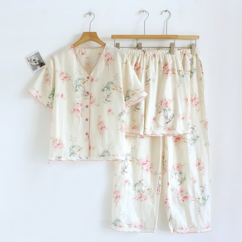 Floral Cotton Short Sleeve Pajama Set(3PCS) - White - XL - image 0