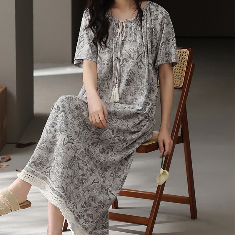 Boho Gray Cotton Tassel Nightgown - image 1