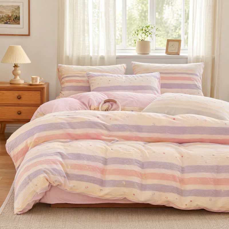 Pastel Stripe Starry Triple Gauze Bedding Set - Rainbow - King - Flat Sheet - image 0