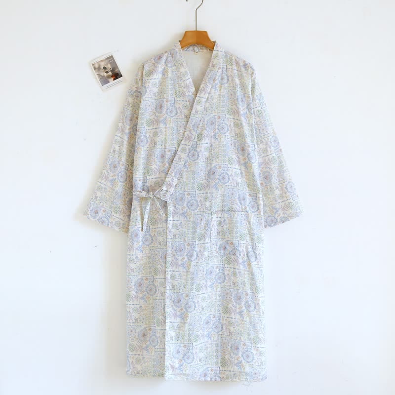 Ethnic Vintage Floral Cotton Kimono Robe - Blue - L - image 4