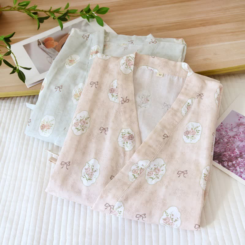 Framed Rose & Bow Cotton Kimono Robe - image 2