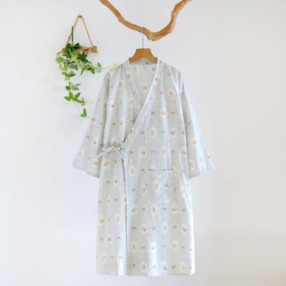 Framed Rose & Bow Cotton Kimono Robe - Blue - L - image 12