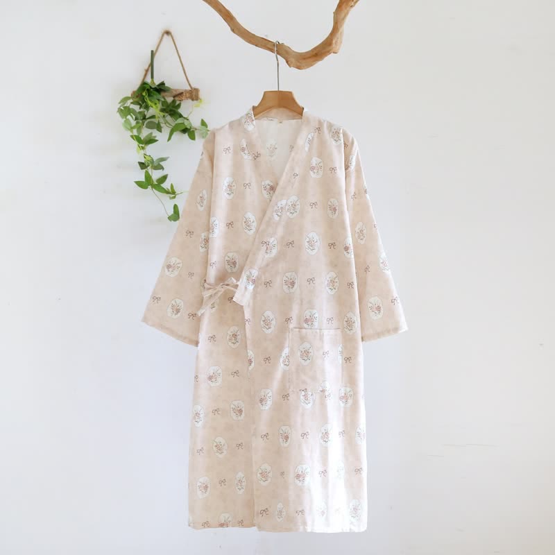 Framed Rose & Bow Cotton Kimono Robe - Pink - L - image 4